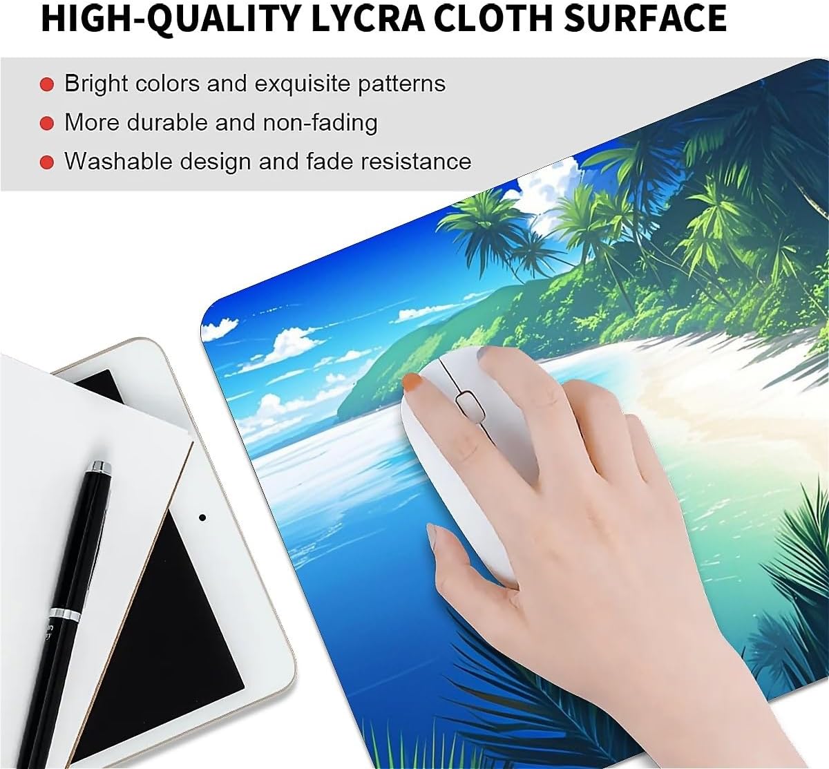 Square Mouse Pad Beach Ocean, Personalized Premium-Textured Custom Mouse Mat Design, Washable Mousepad Cloth, Non-Slip Rubber Base Computer Mouse Pads for Wireless Mouse