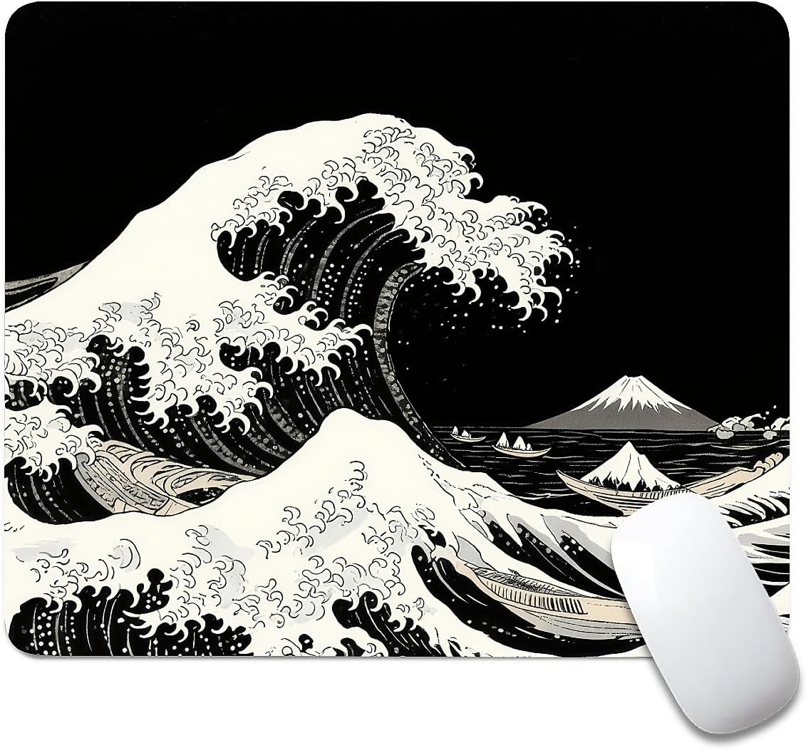 Square Mouse Pad Black Japanese Wave, Personalized Premium-Textured Custom Mouse Mat Design, Washable Mousepad Cloth, Non-Slip Rubber Base Computer Mouse Pads for Wireless Mouse