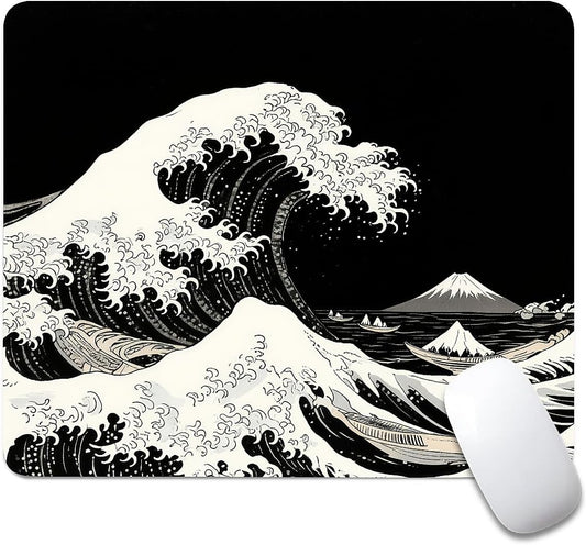 Square Mouse Pad Black Japanese Wave, Personalized Premium-Textured Custom Mouse Mat Design, Washable Mousepad Cloth, Non-Slip Rubber Base Computer Mouse Pads for Wireless Mouse