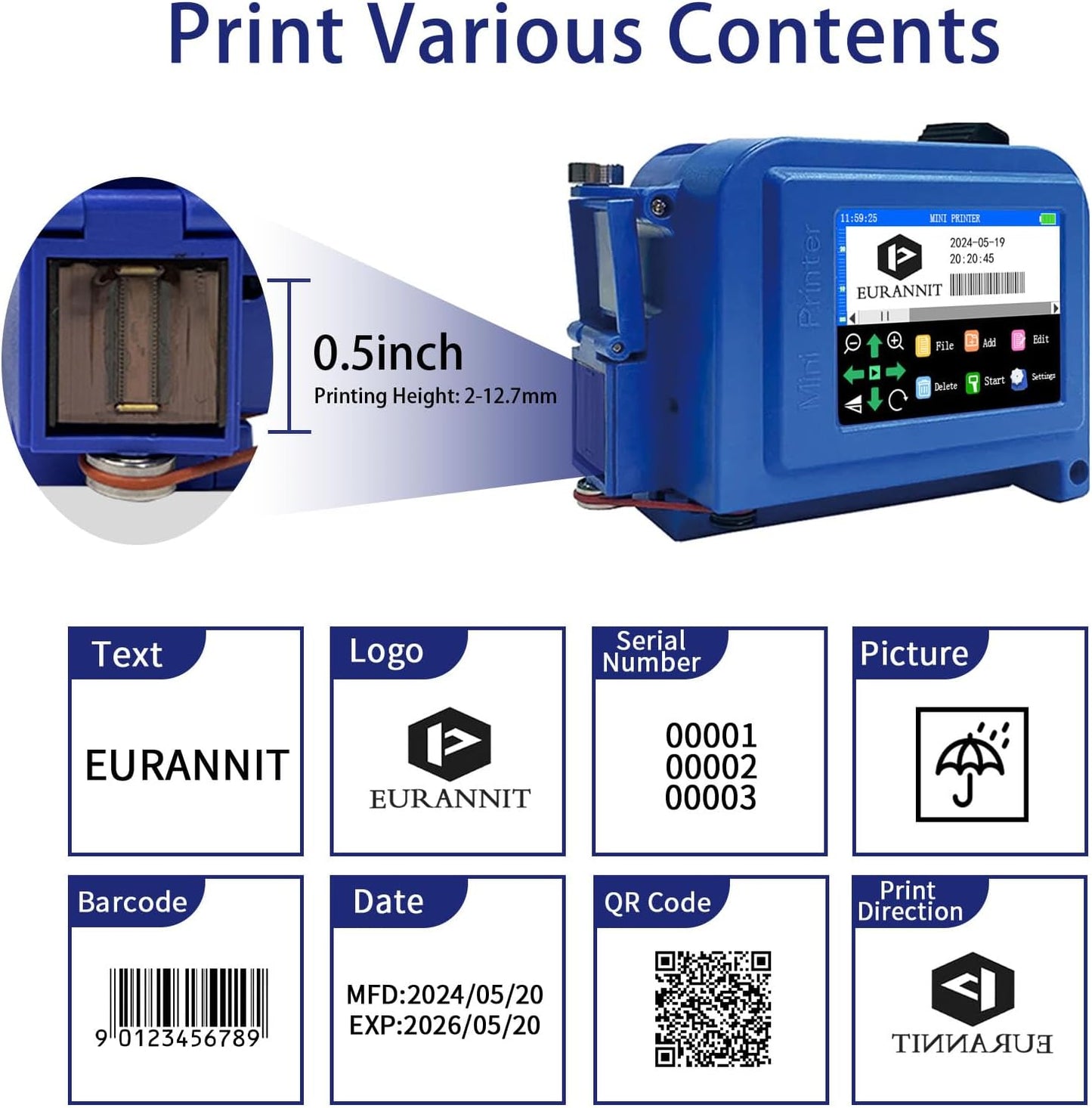 E11 Mini Handheld Inkjet Printer with External Conveyor Wheel & Nozzle Cap - 0.5" Print Height for Bottles, Curved & Flat Surfaces, Portable for Text, Date, QR Code, Includes ER520 Ink