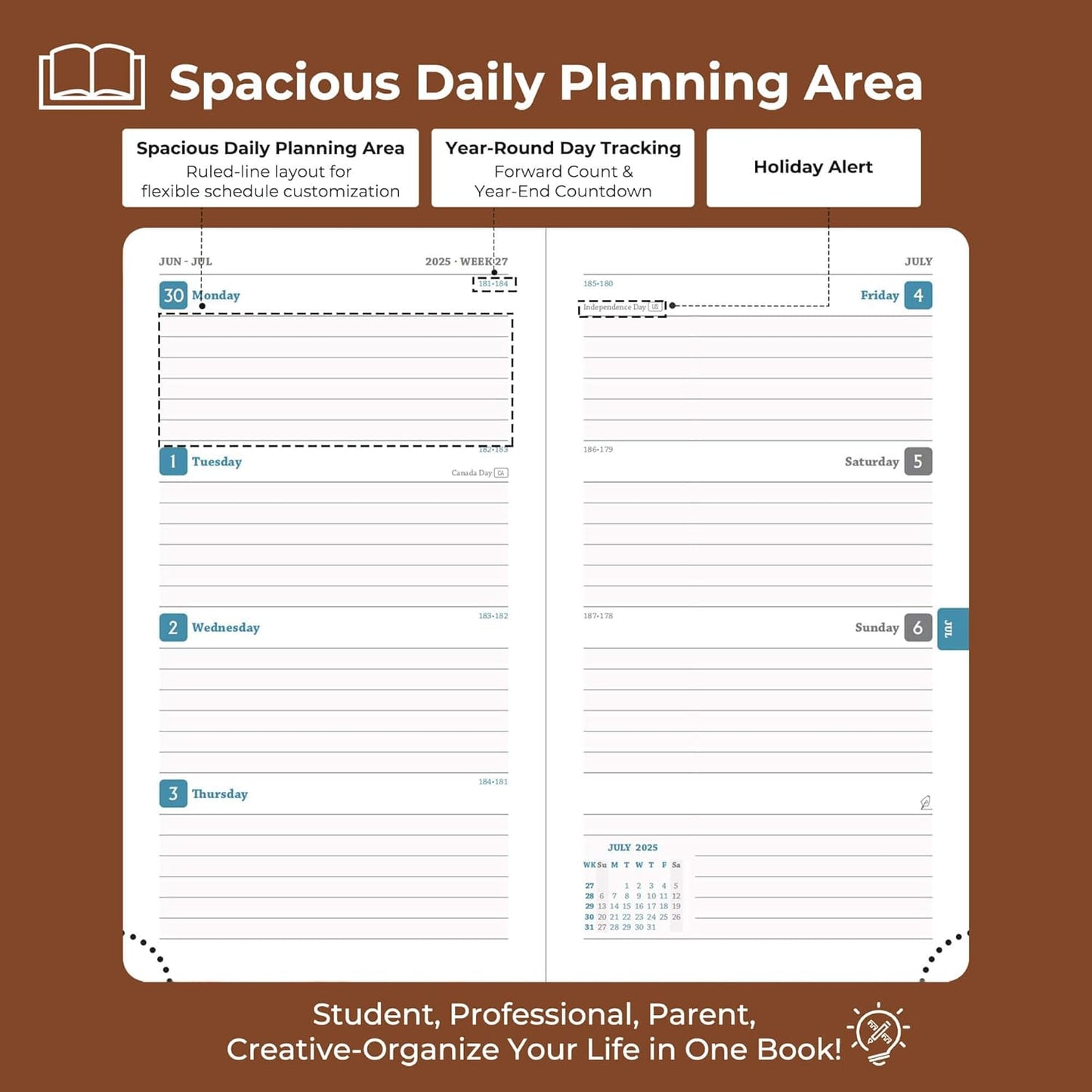 Planner 2025-2026 Daily Weekly and Monthly,6.5"x3.75",18 Months Spiral Bound Calendar Agenda with Self-adhesive Pen Holder,2026 Academic Plan with Vegan Leather Soft Cover,Brown