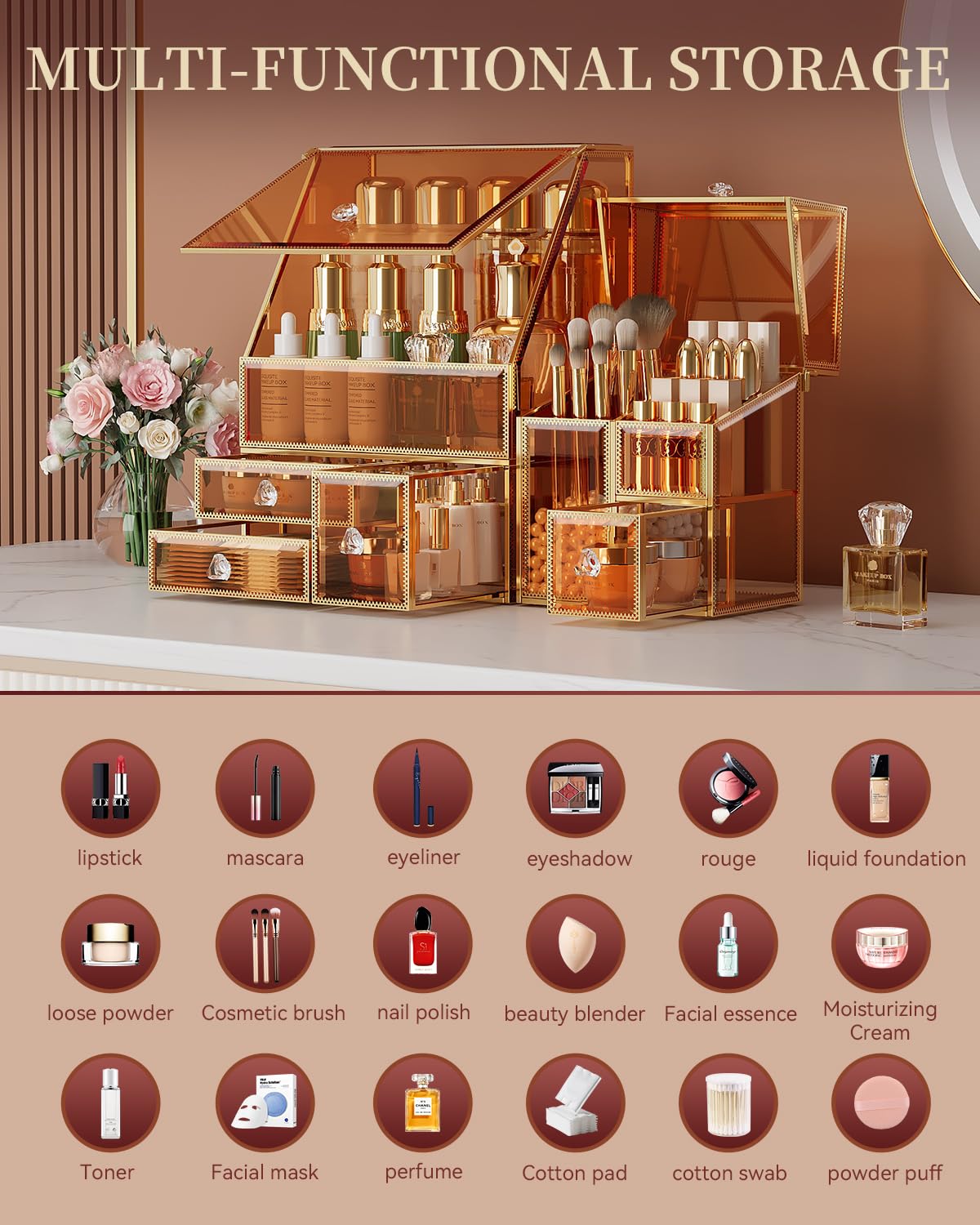 Makeup Organizer Amber,Glass Vanity Organizer for Skincare, Lipsticks, Perfume, Makeup Brushes – Countertop Cosmetic Storage Box for Women, Bathroom & Dresser