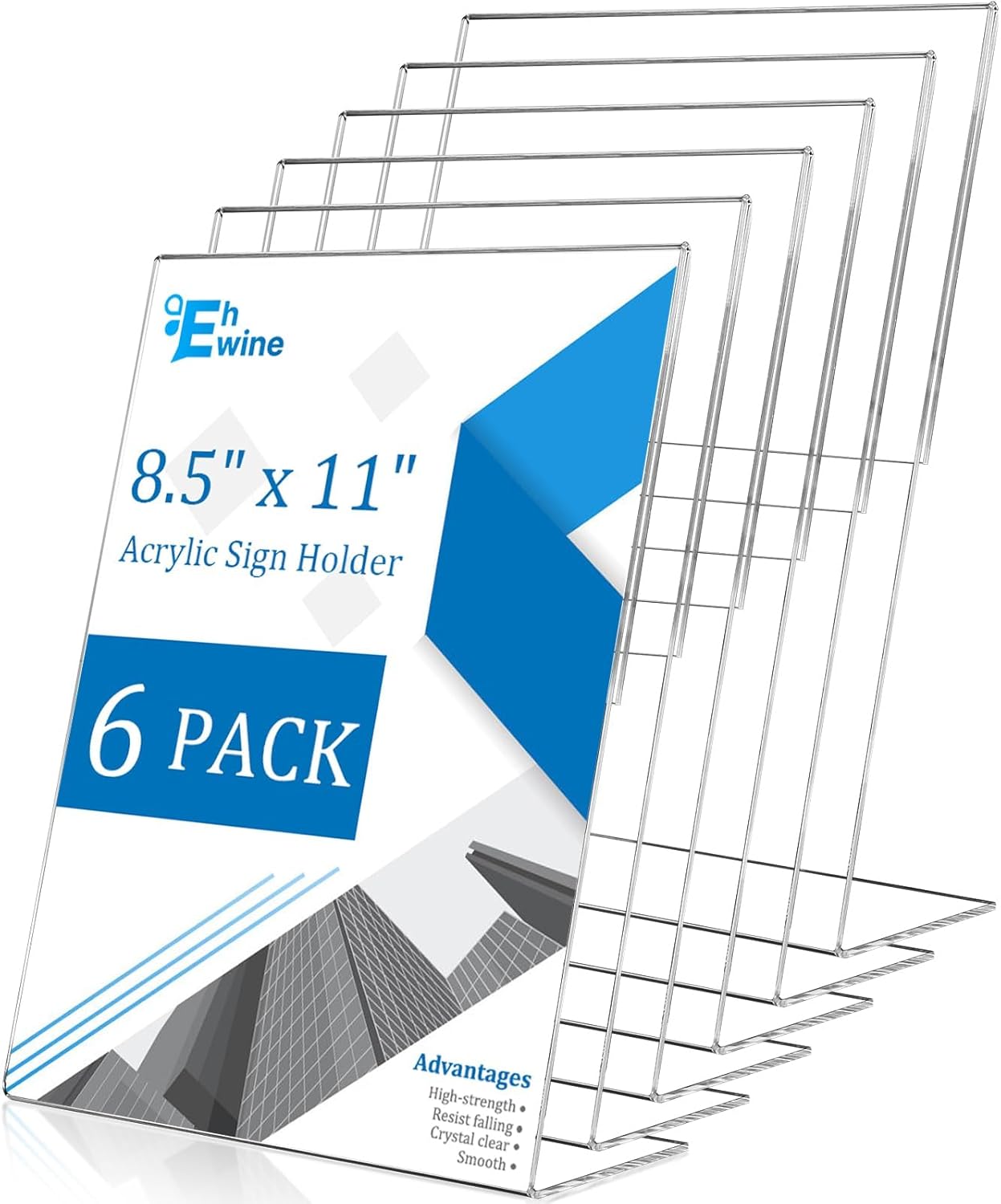 EHWINE 6 Pack 8.5 x 11 Acrylic Sign Holder, Clear Plastic Signs Display Stand, Vertical Slanted Back Paper Holder Stand up Table Top Sign Holders Flyer Stand Frames Suitable for Office Business Store