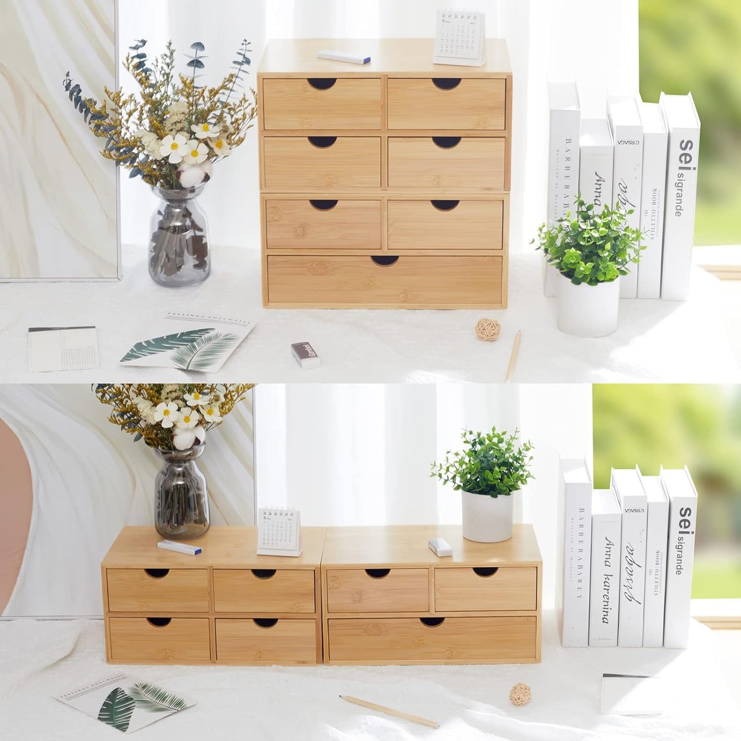 Bamboo Desk Organizer With Drawers Countertop Drawers 4 Drawers Counter Storage Box Corner Desk Organizer for Home Office No Assembly Required