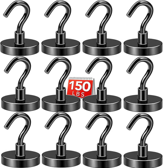 DIYMAG Black Magnetic Hooks, 150 LB Heavy Duty Strong Magnets with Hooks Rare Earth Neodymium Fridge Magnet for Grill Hanging Cruise Cabins Ship Essentials 12 Packs