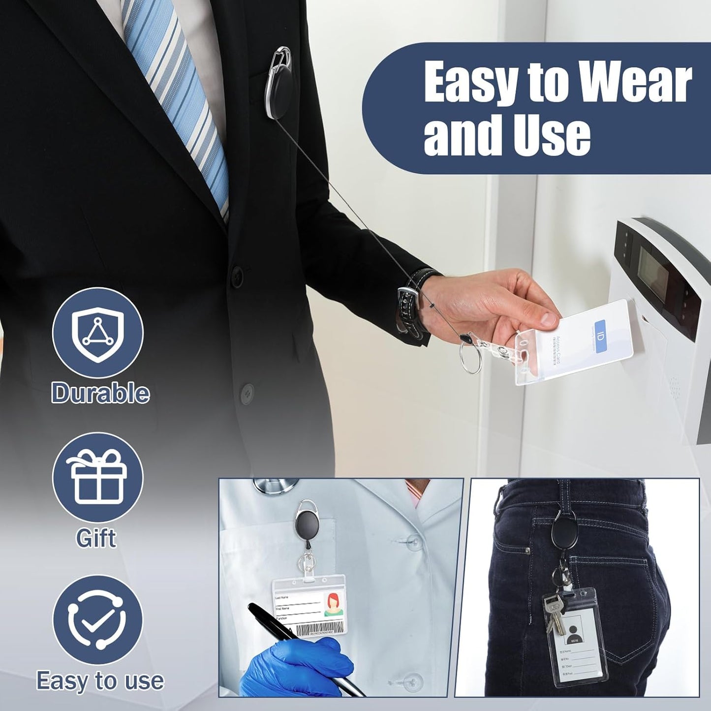 Laumoi 200 Retractable ID Badge Holder Badge Reel with Belt Clip and Key Ring, Name ID Badge Clips Keychain for Office Worker Doctor Nurse Employee (Black)