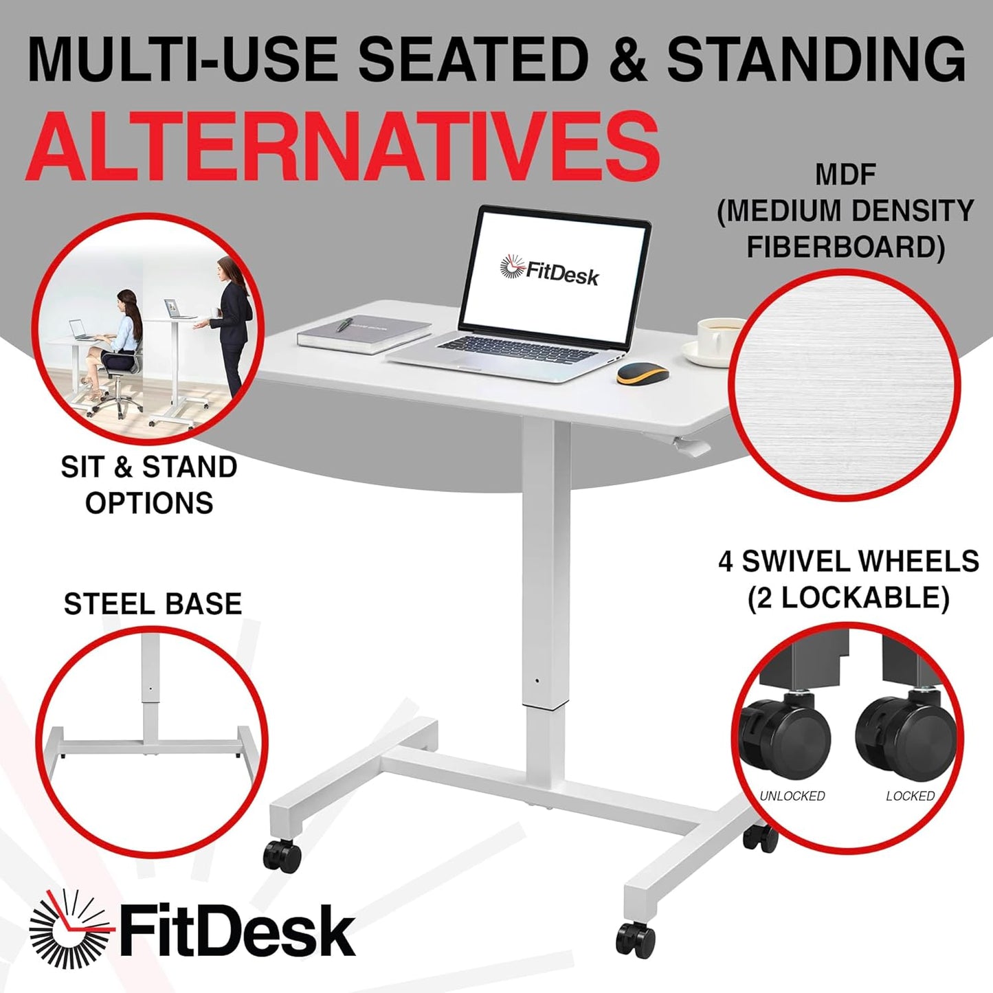 FitDesk Portable Laptop Desk, Rolling Standing Workstation Adjustable Height, Compact Standing Table with Large Surface, Small Stand Desk for Home Office, 30 lb Weight Limit – White, 27" Tabletop