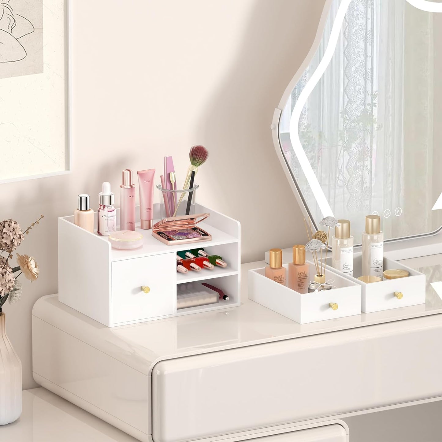 Bamboo Desk Organizer - Stackable, No Assembly Required, Ideal for Office/Home Use - Perfect for Toiletries, Stationery, Accessories. (White, Square drawer to the left of the fence)