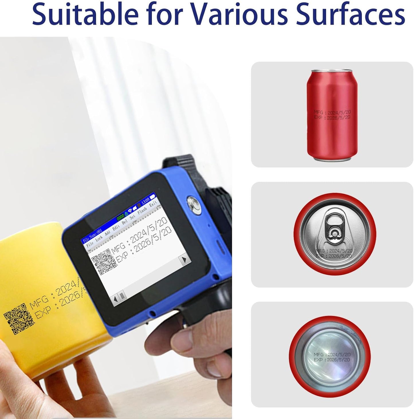 E12 Mini Handheld Inkjet Printer - 0.5 Inch Adjustable Print Height with Quick-Dry Ink for Text, Barcode, QR Code, Date on Cardboard, Metal, Plastic & Curved Surfaces