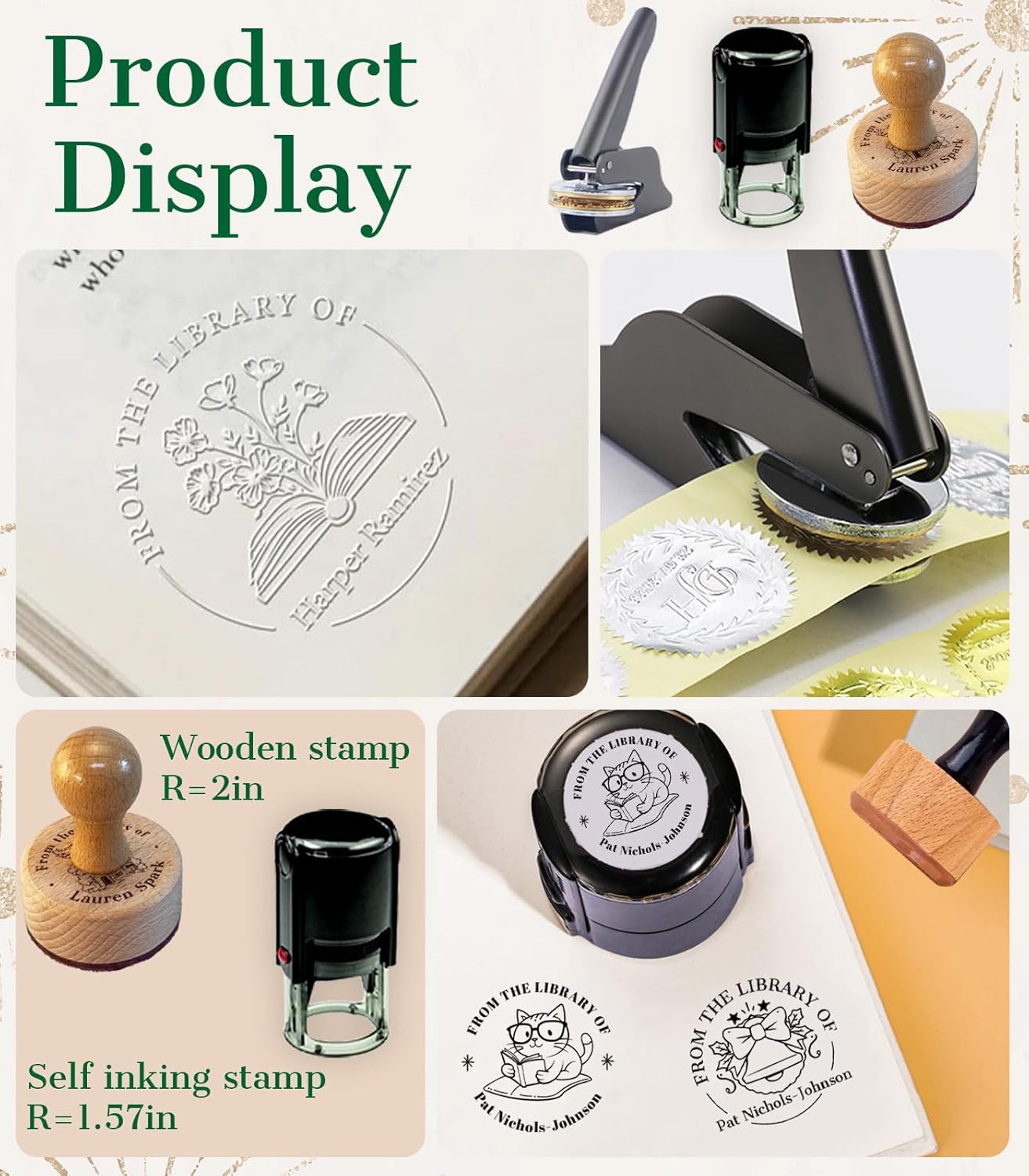 HJX Personalized Book Embosser Stamp from The Library of, Custom Floral Book Embosser Stamps, Self-Inking, Wood Handle Gifts for Books Lover (03-Embosser Stamp)