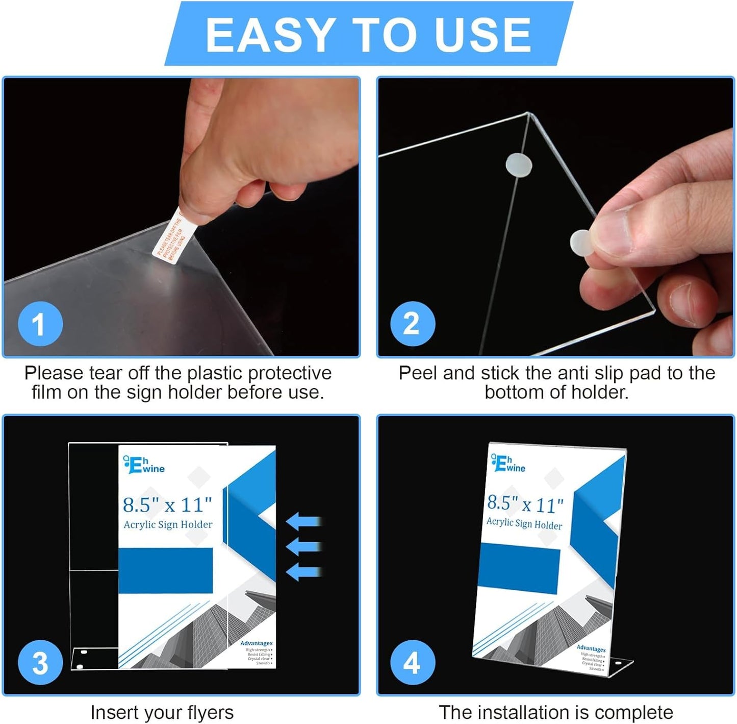 EHWINE 6 Pack 8.5 x 11 Acrylic Sign Holder, Clear Plastic Signs Display Stand, Vertical Slanted Back Paper Holder Stand up Table Top Sign Holders Flyer Stand Frames Suitable for Office Business Store