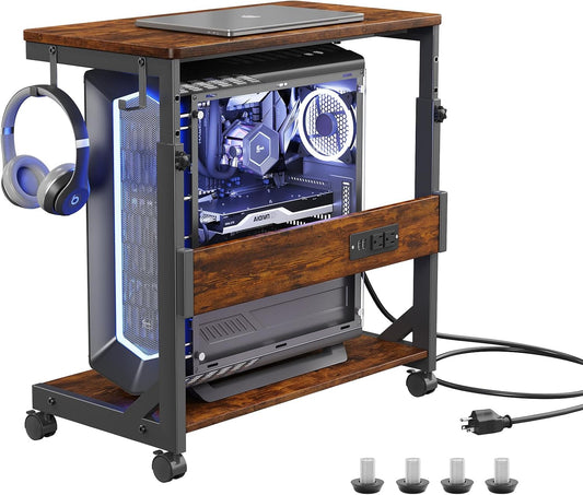 Height Adjustable Computer Tower Stand with Charge Station and USB Charging Port, 2-Tier ATX-Case Cart, Under Desk Mobile PC Stand, CPU Holder Cart with Locking Caster Wheels for Fits Most PC