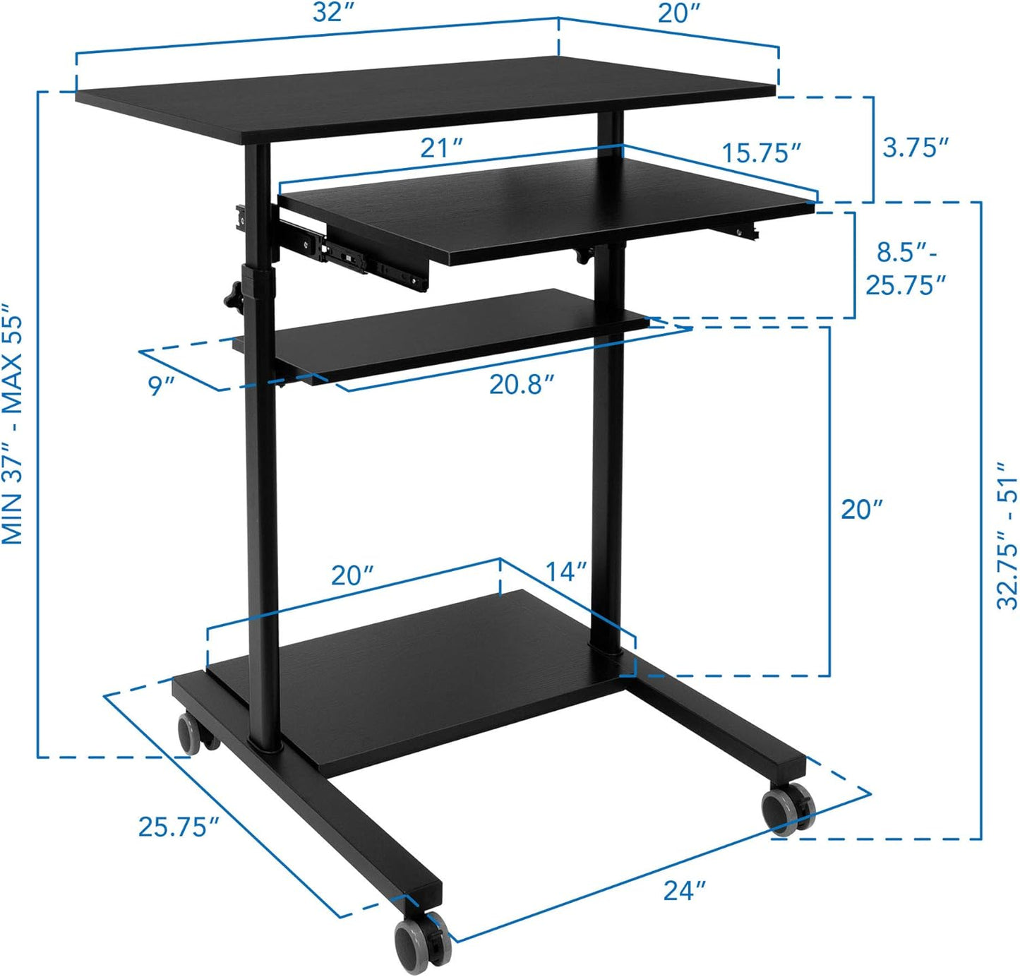 Mount-It! Mobile Standing Desk with Retractable Keyboard Platform | Height Adjustable Stand Up Computer Workstation | Locking Wheels, 99 Lbs Capacity