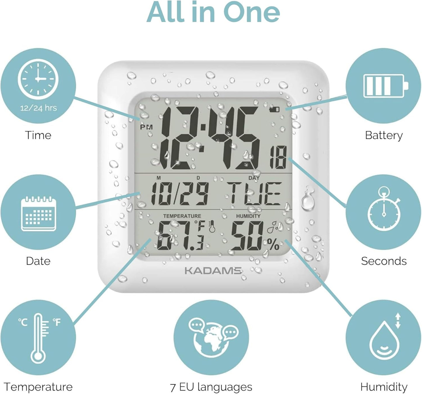 KADAMS Bathroom Clock 9.5" Kitchen Wall Clock with Large LCD Screen – Shower Clock with Suction Cup,Temperature, Humidity, Calendar – Water-Resistant, 4 Mounting Options, White