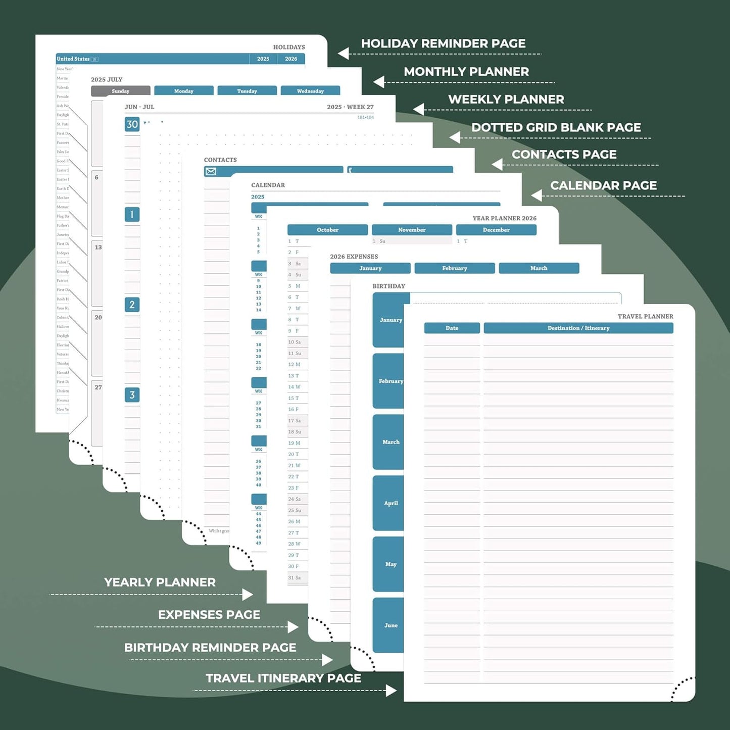 Planner 2025-2026 Daily Weekly and Monthly,11.5"x8.5",18 Months Spiral Bound Calendar Agenda with Self-adhesive Pen Holder,2026 Academic Plan with Vegan Leather Soft Cover,Green