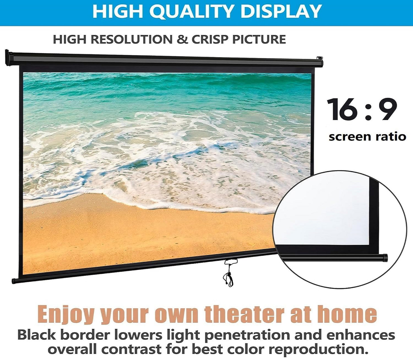 ZENY Outdoor Projector Screen Pull Down 80 Inch 16:9 HD Projection Screen, Roll Down Ceiling Projector Screen, Portable Indoor Outdoor Movie Screen