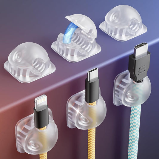 Cord Organizer Holder 6 Pack, [1-Handed-Operation] Magnetic Cable Clips, Phone Cord Clips Organizer with 2 Extra Reusable Strong Adhesive for Nightstand Car Workspace Office Accessories, Clear White