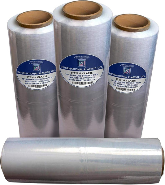 International Plastics Co. 18" Stretch Film/Wrap 1500 feet 7 Layers 80 Gauge Industrial Strength up to 800% Stretch 20 Microns Clear Durable Adhering Packing Moving Heavy Duty Shrink Film Box of 4