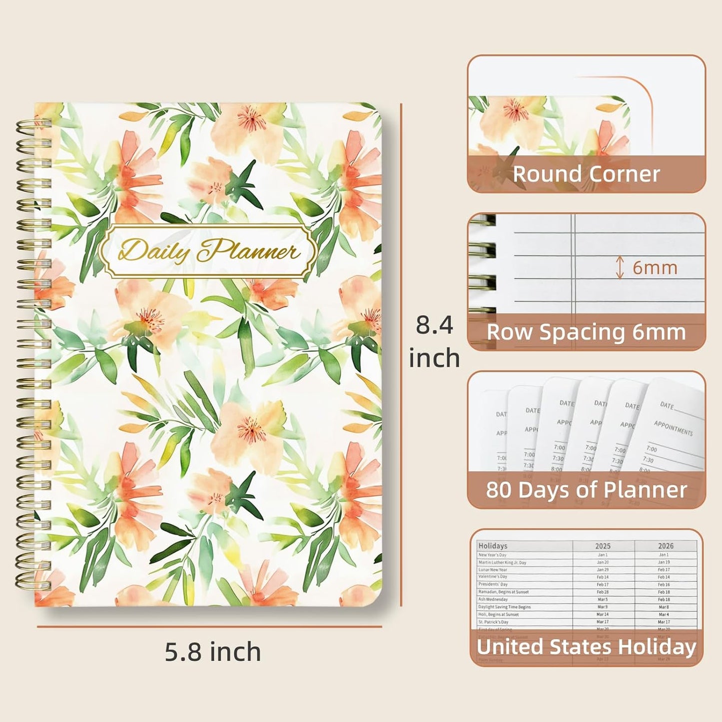 Undated Daily Planner - Spiral Notebook 80 Days One Day Per Page, Hourly Schedule, To-Do List, Notes, Everyday Planning Task, A5 Hardcover Journal Organizer Book Women Cute Aesthetic, Summer