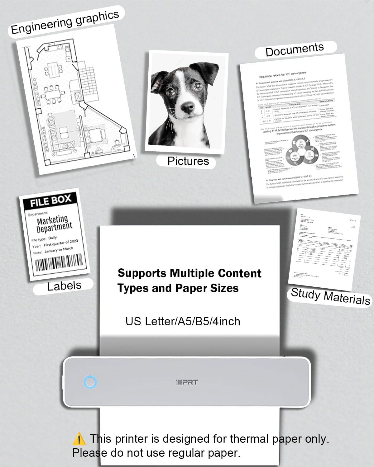 iDPRT Inkless Portable Printer for Travel, 300DPI Wireless Thermal Printer Support 8.5" x 11" US Letter, A4, Small Bluetooth Printers Compatible with iOS, Android Laptop for Home Office Car, Grey