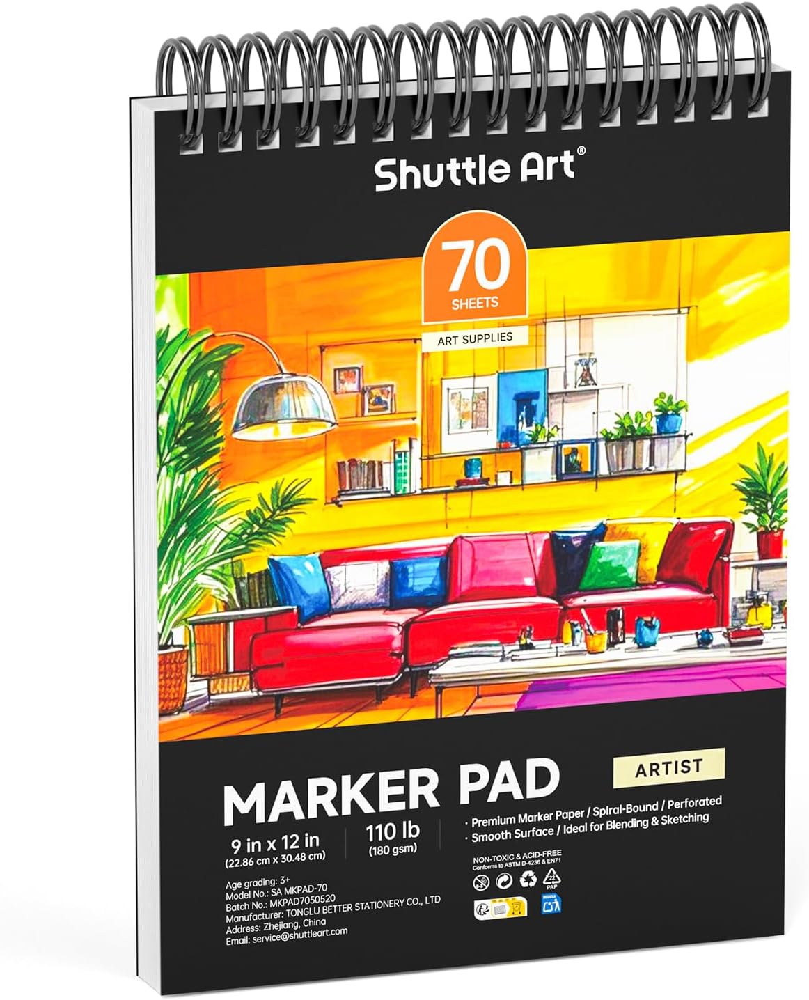 Shuttle Art Marker Pad, 12”x9” Portable Sketchbook, 70 Sheets Marker Drawing Paper, 110LB/180GSM Smooth Surface Bleedproof Art Paper, Spiral-Bound, Great for Artists to Draw, Paint & Sketch
