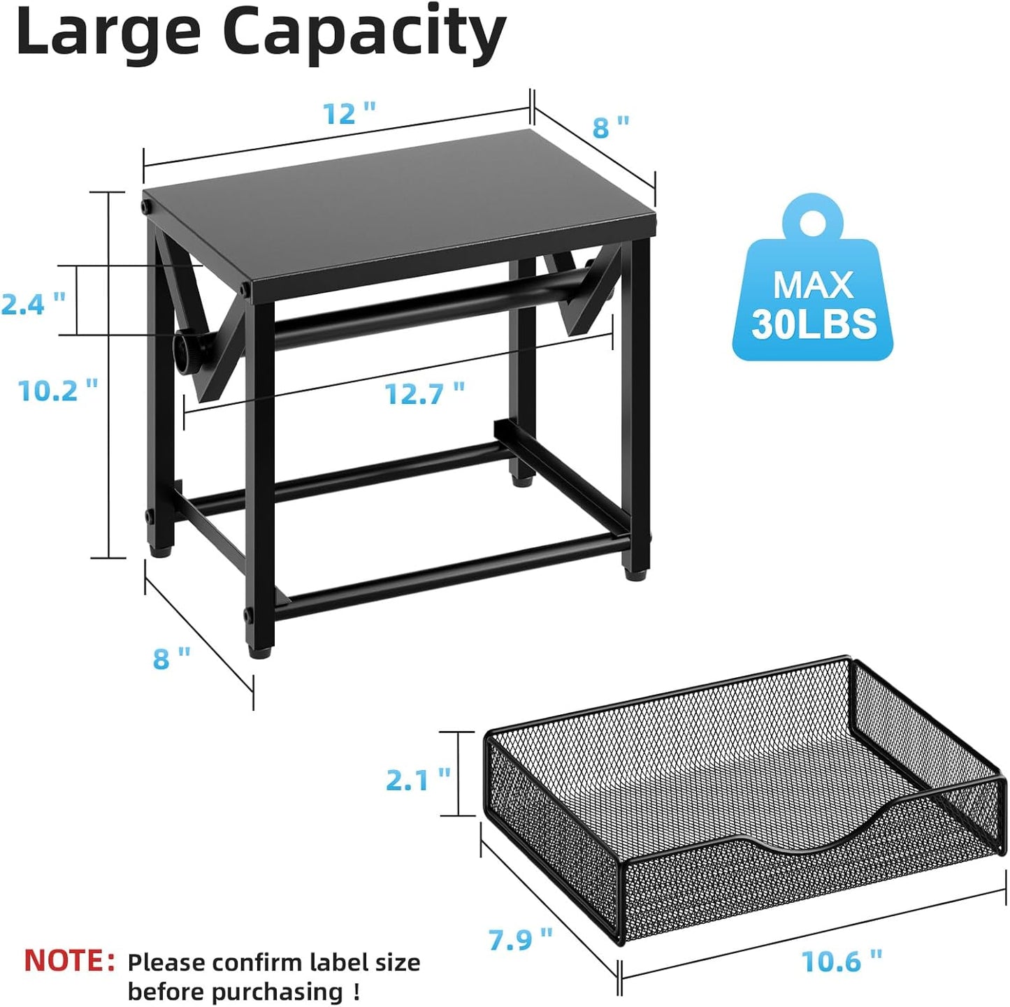 Marbrasse Label Holder for Rolls and Fanfold Labels, Metal Thermal Label Printer Holder with Drawer, Shipping Label Stand,Sticker Roll Holder for Home, Office, Small Business,Black