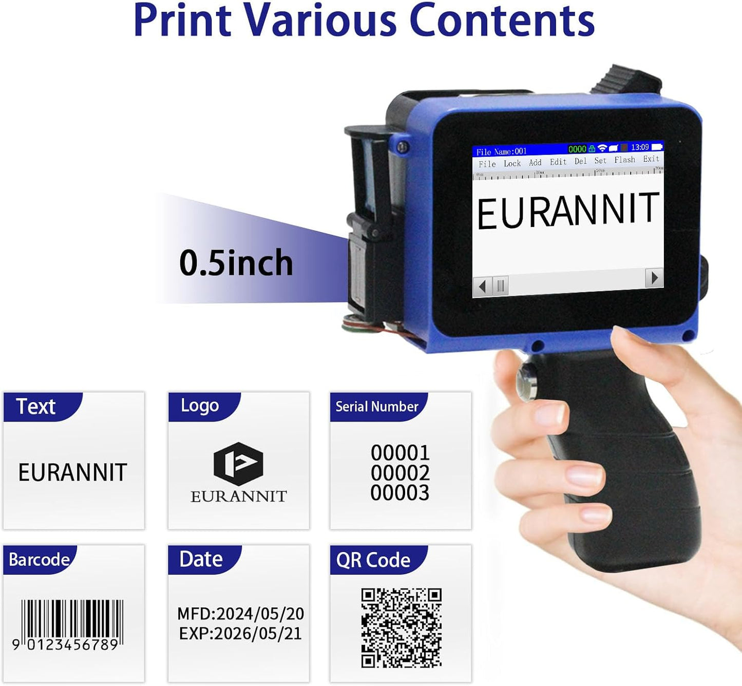 E12 Mini Handheld Inkjet Printer - 0.5 Inch Adjustable Print Height with Quick-Dry Ink for Text, Barcode, QR Code, Date on Cardboard, Metal, Plastic & Curved Surfaces