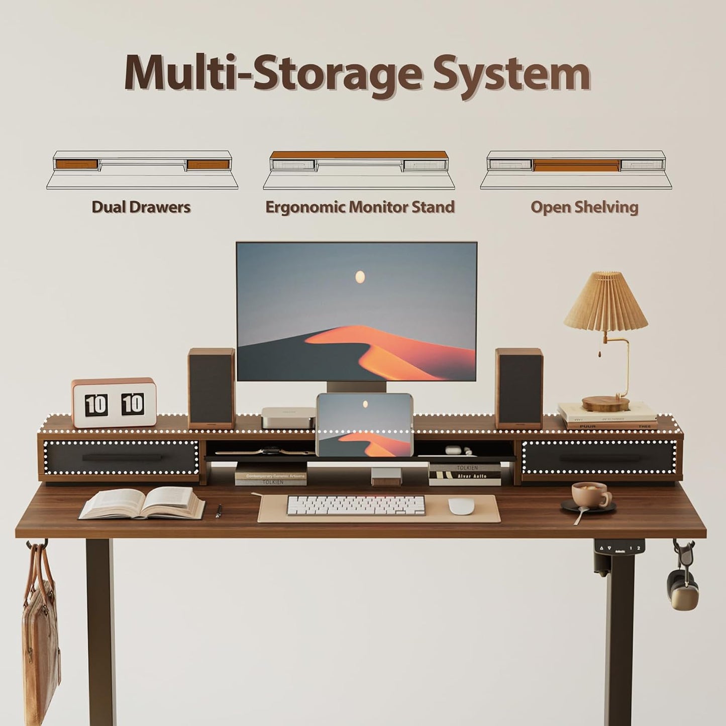 Agilestic 48 Inch Electric Standing Desk with Drawers, Adjustable Desk with Storage Shelf, Stand Up Home Office Computer Table, Splice Board, Dark Walnut