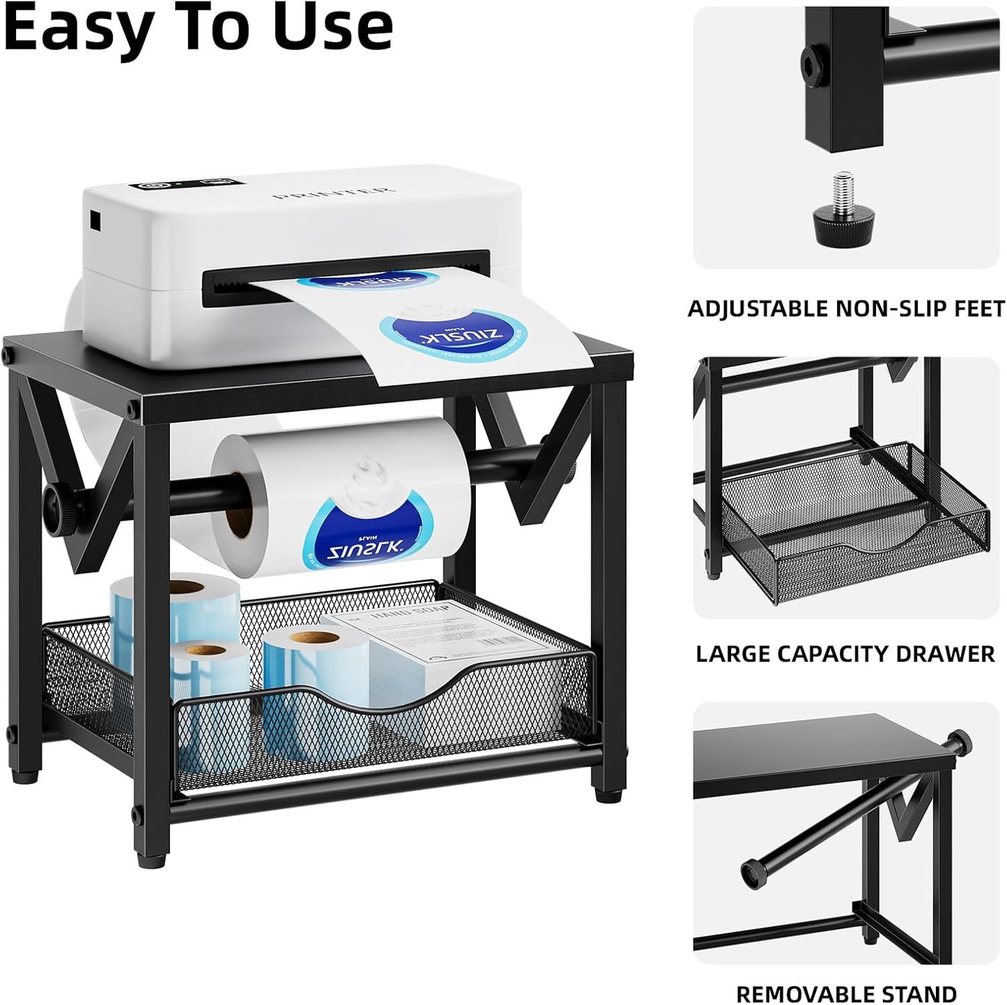Marbrasse Label Holder for Rolls and Fanfold Labels, Metal Thermal Label Printer Holder with Drawer, Shipping Label Stand,Sticker Roll Holder for Home, Office, Small Business,Black