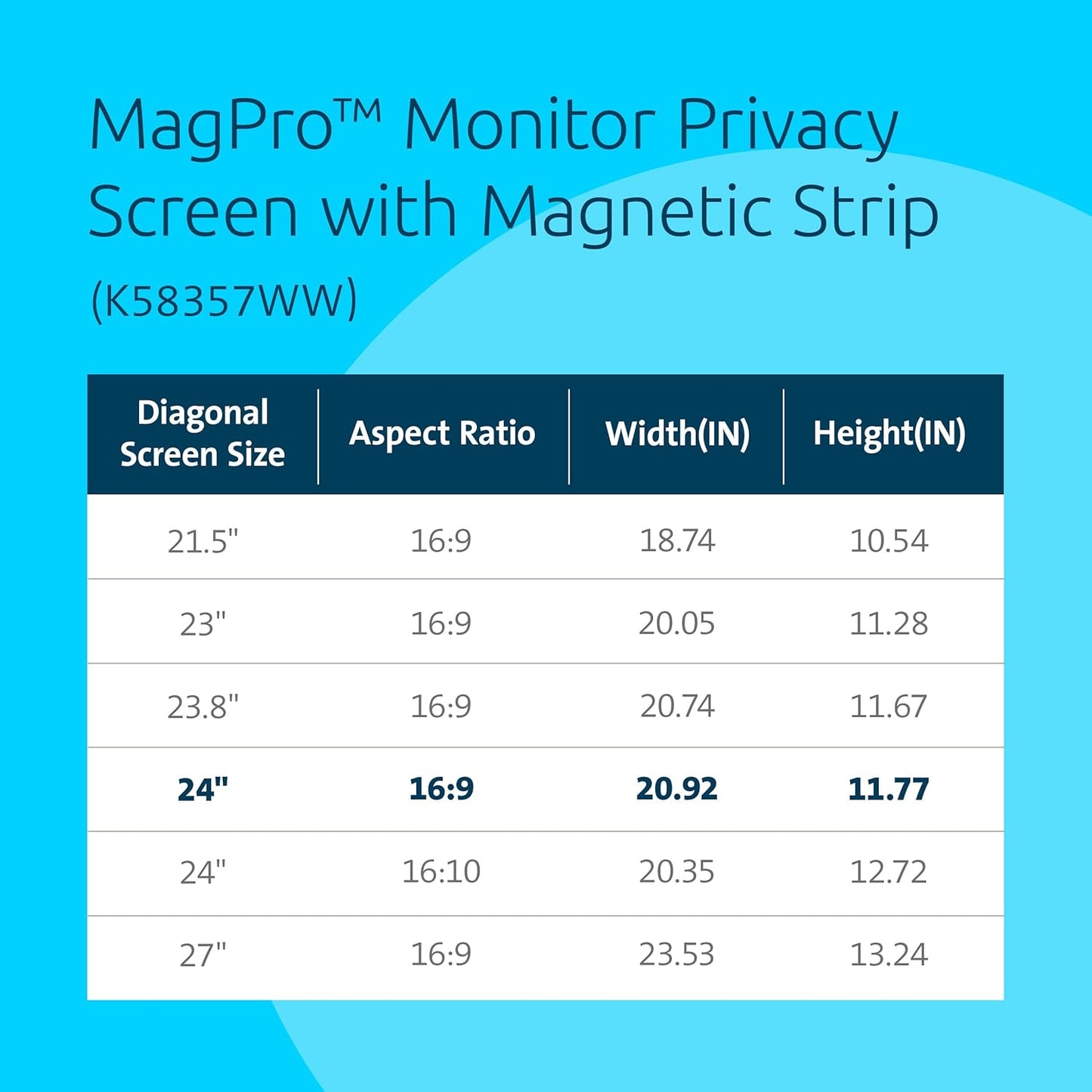 Kensington MagPro 24 Inch Magnetic Computer Privacy Screen for Desktop, Removable 16:9 Computer Privacy Filter, Anti-Glare Blue Ray Reduction, Compatible with Slim Bezel Monitors, K55418WW