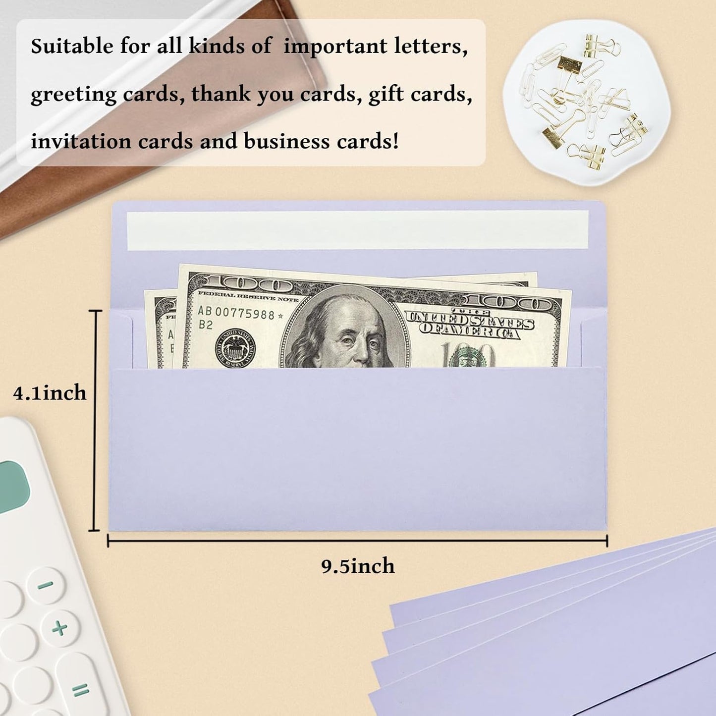 100 Pack #10 Business Envelopes, Light Purple Standard Envelopes Self Seal, Letter Size Mailing Envelopes for Checks Letters Invoices Statements Birthday Graduation Wedding, 4 1/8 x 9 1/2 Inch