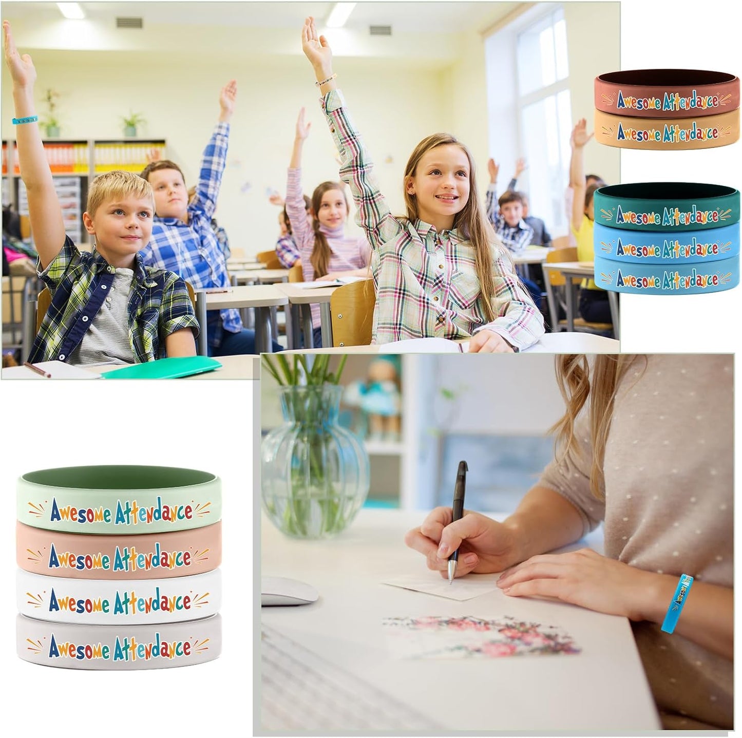 200 Pcs Awesome Attendance Wristbands for Students, Perfect Attendance Awards for Classroom Prizes, Unisex Stretch Silicone Motivational Wristbands for Student from Teacher Classroom Prizes