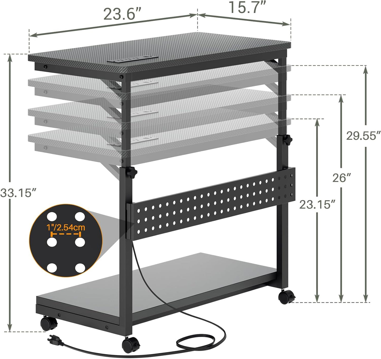 Computer Tower Stand with Power Strips, 4 Levels Manual Height Adjustable PC Tower Stand for Under Desk, Mobile Rolling CPU Holder, Computer Cart with Wheels, 24", Carbon Fiber Black