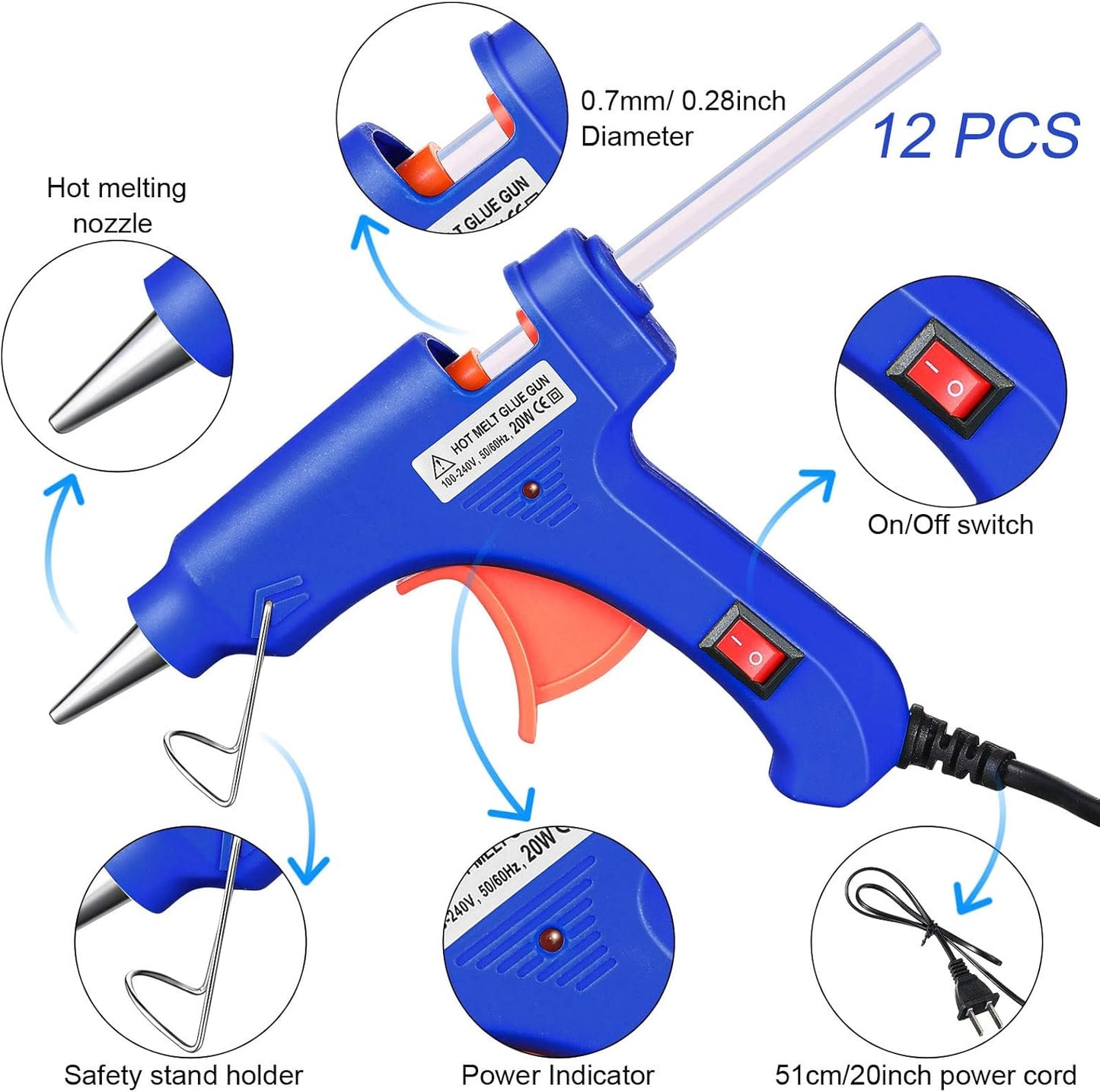 Zhengmy 12 Pieces Mini Hot Glue Gun Crafts Hot Melt Guns Fast Preheating and Easy Squeeze Trigger for School DIY Arts Class Projects Office Home Quick Repairs (Blue)
