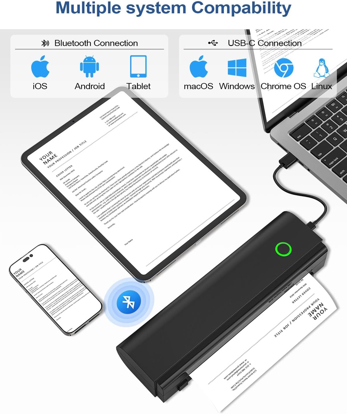 Portable Printers Wireless for Travel, Bluetooth Thermal Printer Supports 8.5" x 11" US Letter & A4 Size, Inkless Mobile Printer Work with Android iPhone Laptop for Home Office School, Black