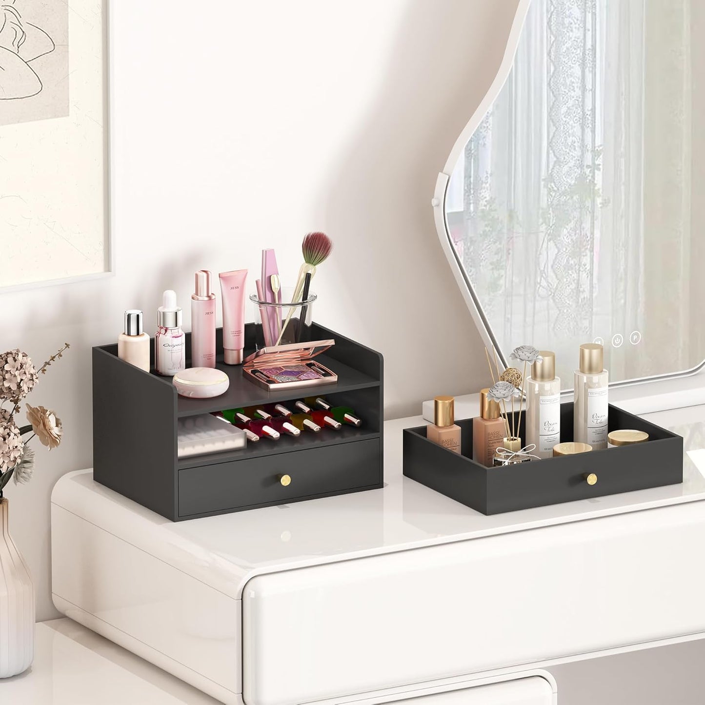 Bamboo Desk Organizer - Stackable, No Assembly Required, Ideal for Office/Home Use - Perfect for Toiletries, Stationery, Accessories. (Black, Two level drawer box with sides)