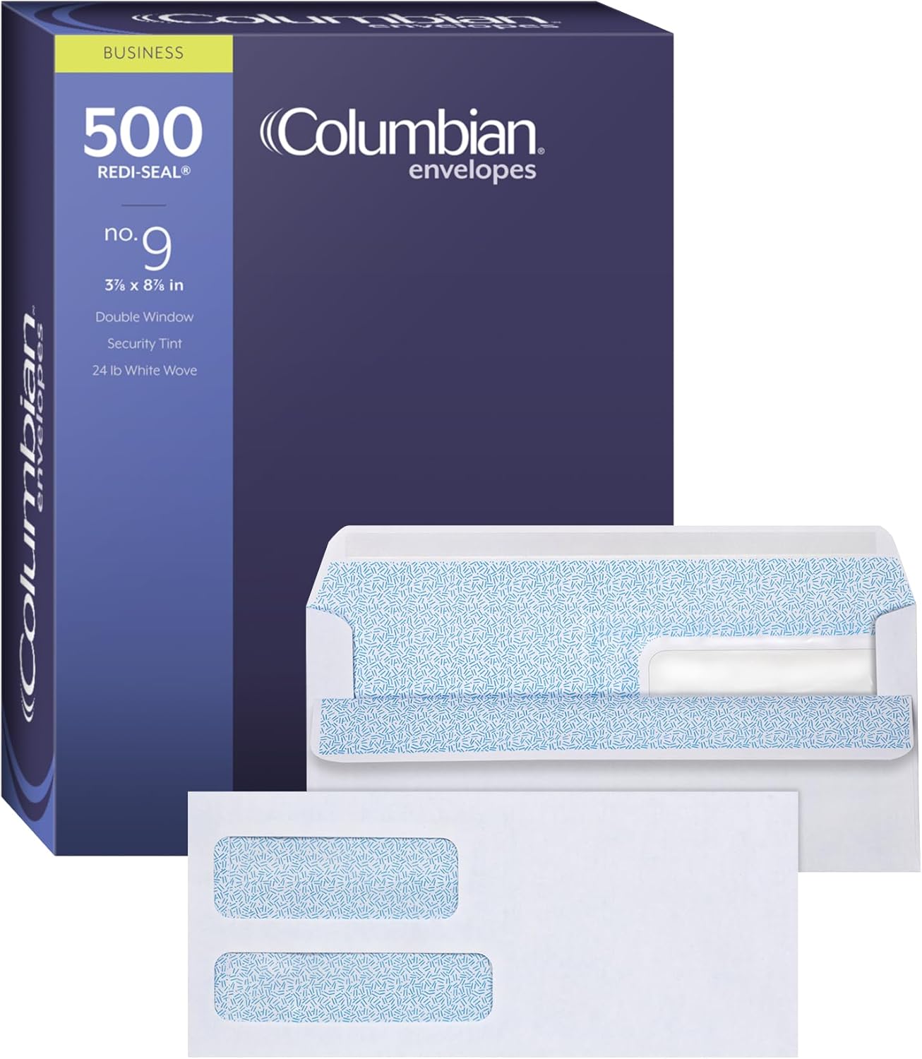 Columbian #9 Security Envelopes, 500/Box, Double Window, 3-7/8" x 8-7/8", Redi-Seal Self Seal, For Invoices & QuickBooks Statements, White (COLO181)