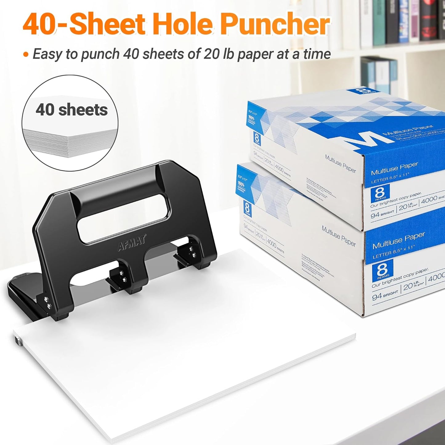 3 Hole Punch Heavy Duty, AFMAT 3 Hole Puncher for Binder, 40-Sheet Three Hole Punch w/ 10000+ Uses, Metal Hole Puncher 3 Ring, 50% Reduced Effort, Bulit-in S.S. Paper Guide, Model: HPX1 (Black)