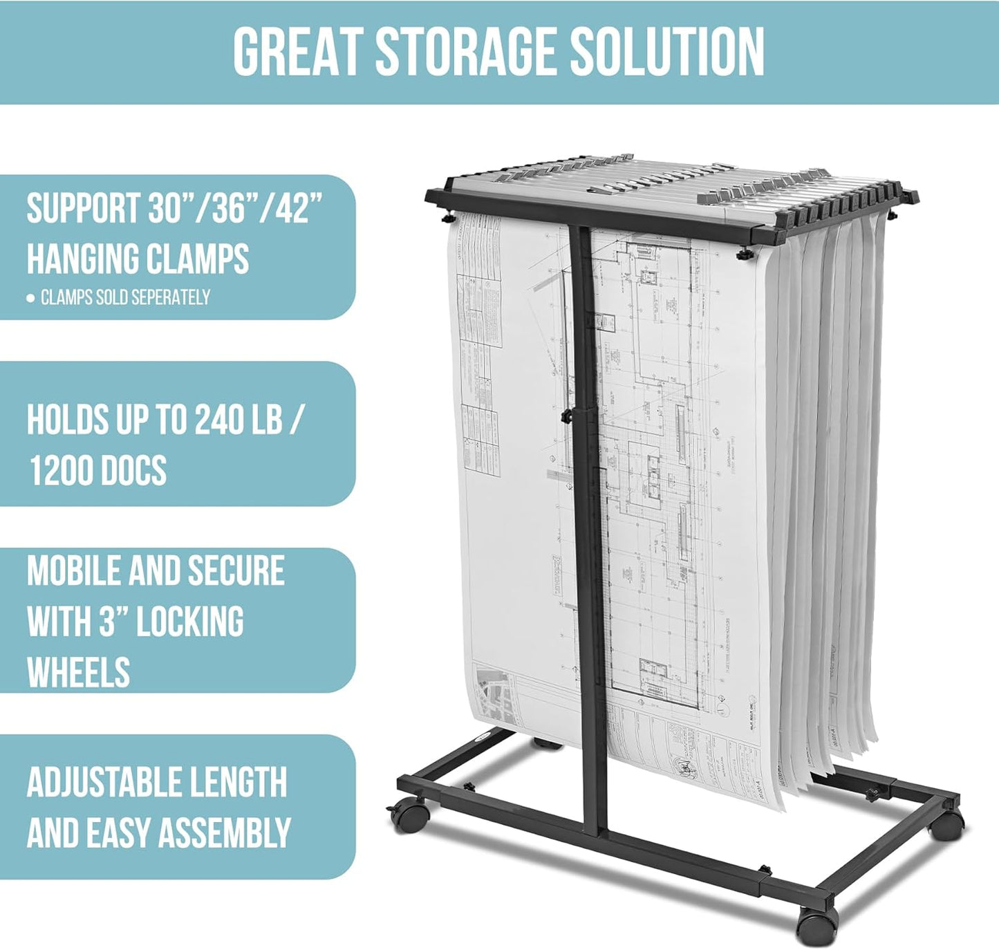 Adir Mobile Blueprint Holder - Adjustable Blue Print Storage Organizer and Construction Plan Holder – Plans Rack for Jobsite and Office (Without Blueprint Clamps)