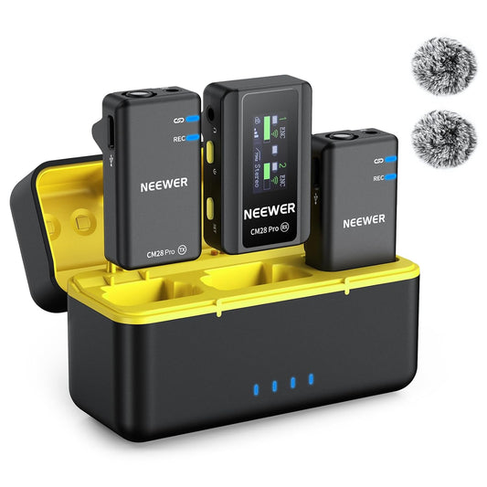 NEEWER CM28 PRO Wireless Lavalier Lapel Microphone System with Charging Case 48KHz 16 Bit Uncompressed Audio Noise Canceling 4GB Storage 9Hrs Recording Compatible with iPhone iPad Android Camera PC