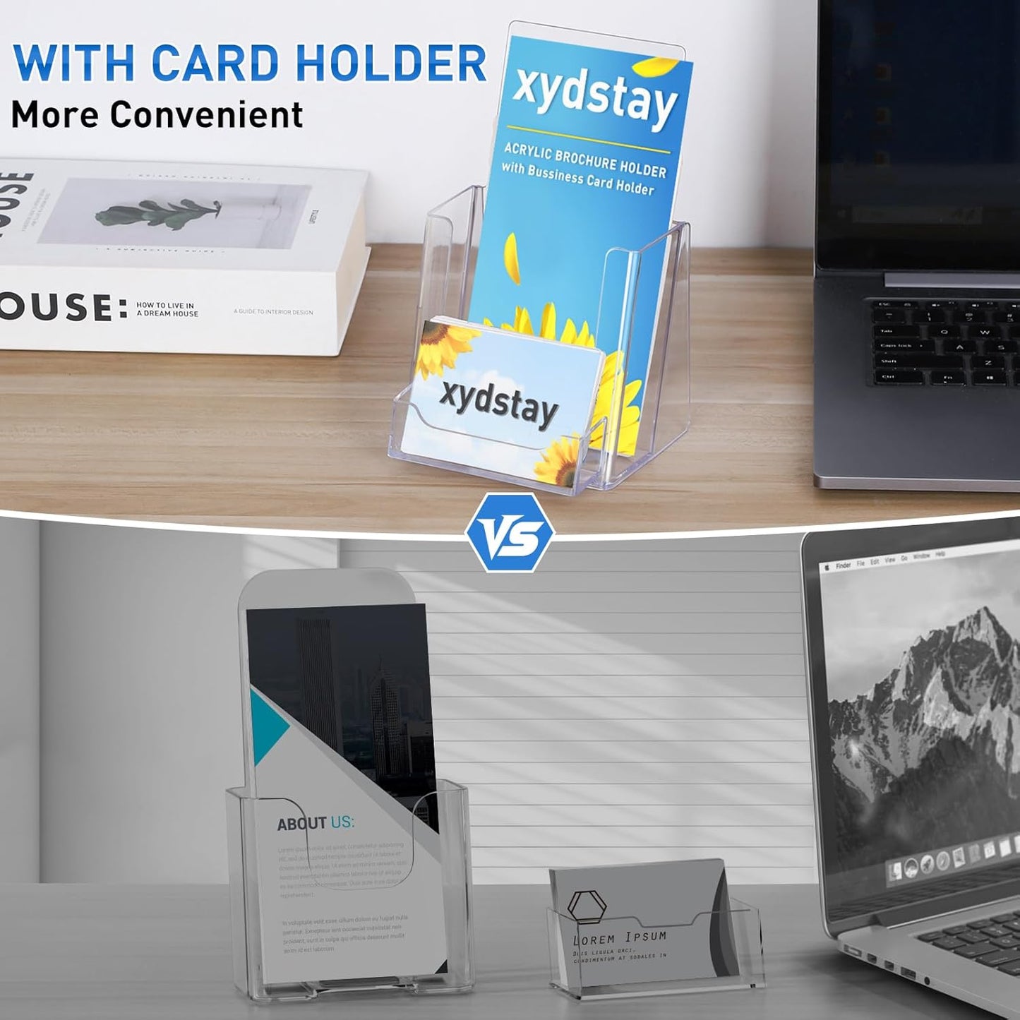 4x9 Acrylic Brochure Holder with Business Card Holder, Clear Display Stand, Plastic Table stand Sign Holder, Pamphlet Holder Flyer Holder, Acrylic Display Stand for Office, Home, Store, 4 Pack