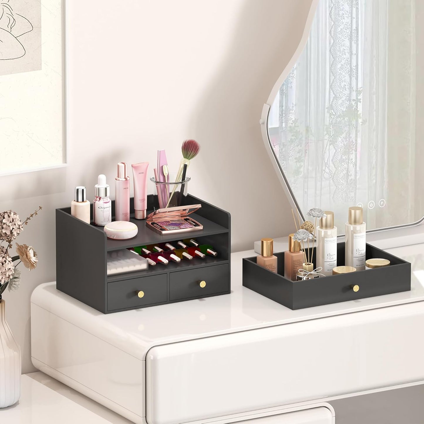 Bamboo Desk Organizer - Stackable, No Assembly Required, Ideal for Office/Home Use - Perfect for Toiletries, Stationery, Accessories. (Black, Fence three Desk Organizer)