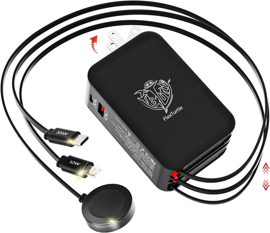 Apple Watch Charger Travel Essentials, 5 in 1 Travel Charging Station for Apple Devices, Retractable Wall Charger with 3*3.2ft Retractable Cables, Fast Charger Block for Apple Gear (Black)