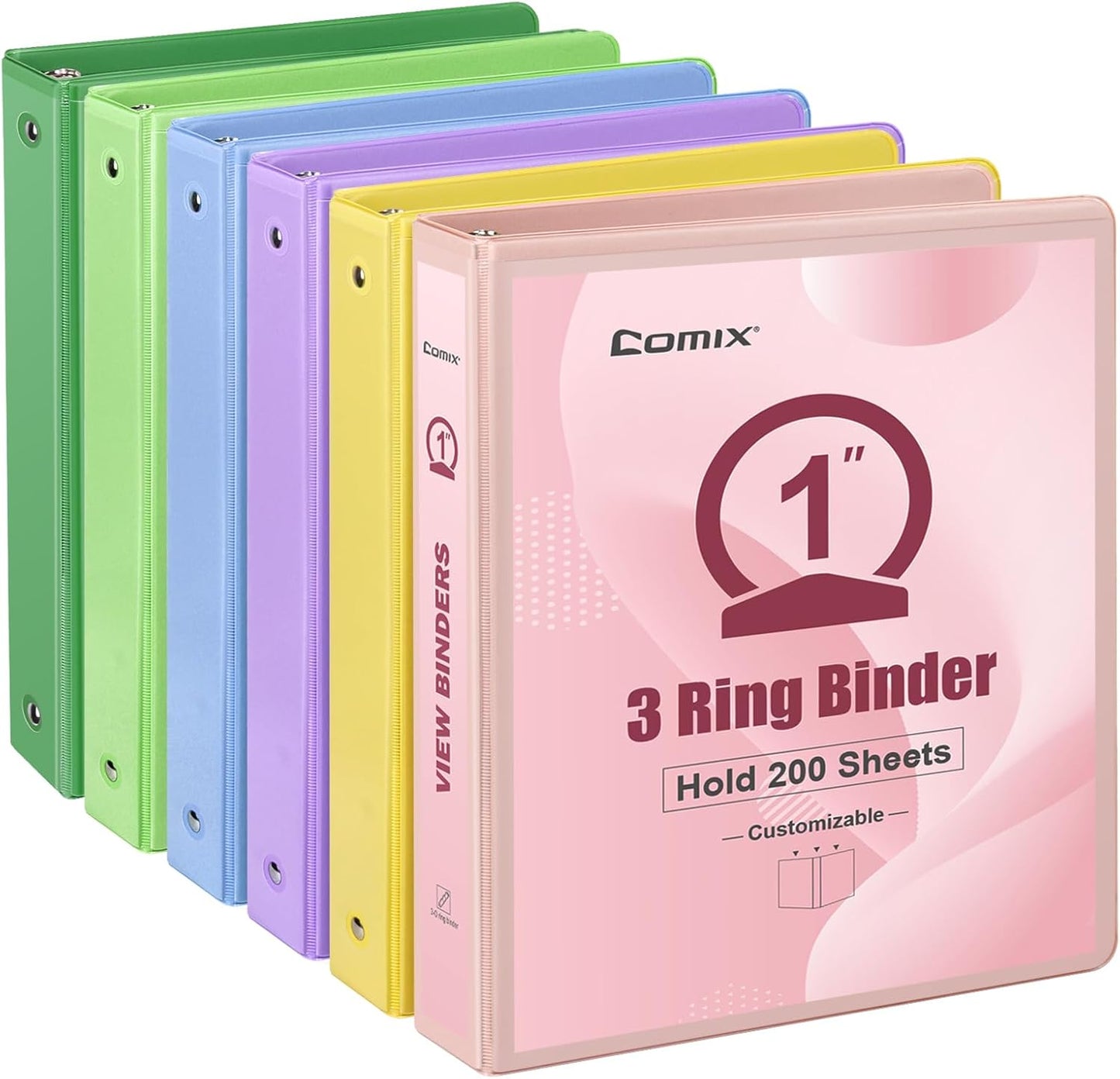 COMIX Standard 3 Ring Binder 1 inch with Clear View Cover, 1" Round Ring View Binder Holds 200 Sheets of US Letter Size Paper, 6 Pack (Multicolored)