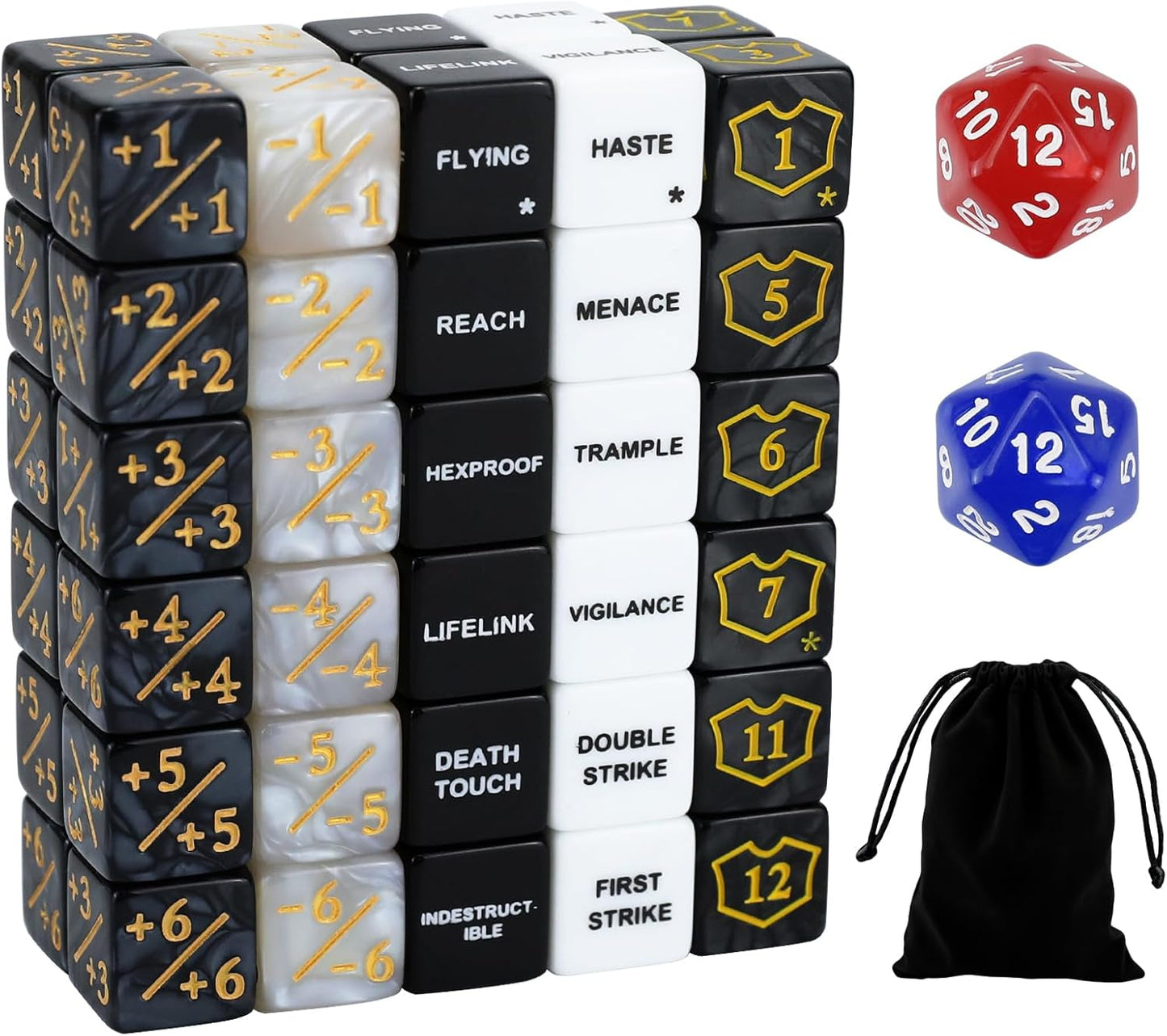 SIXPOINTS 62Pcs MTG Dice Counters Plus 1 Tokens Marble D6 Abilities Keywords Dice Creature Stats Buff Tokens 6 Sided & D20 Dice Set for Magic The Gathering, MTG, TCG, Card Games Accessories