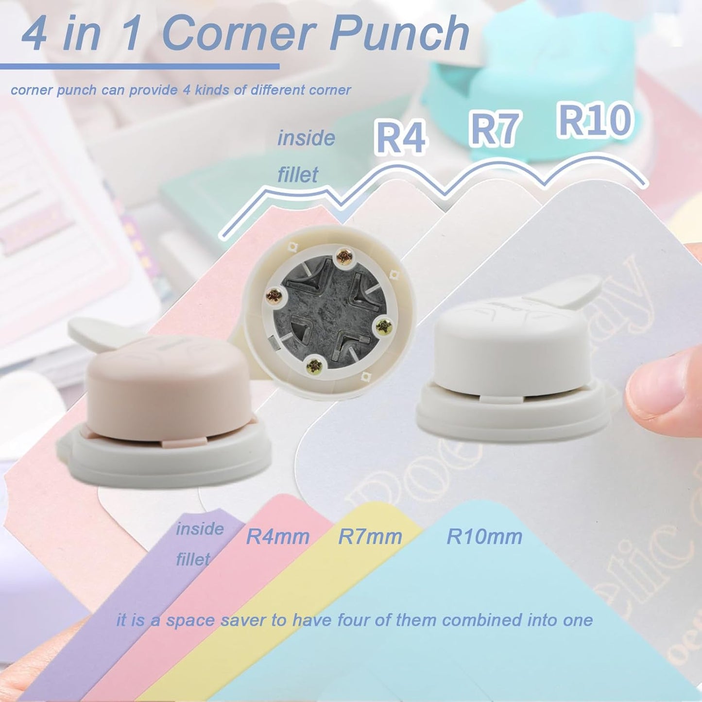 2 Pieces Corner Punch 4 in 1 Corner Rounder Punch Paper Corner Rounder for Making Scrapbooking （R4+R7+R10+Inside Corner） (White and Purple)