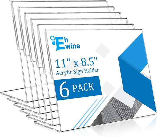 EHWINE 6 Pack 8.5 x 11 Acrylic Sign Holder Horizontal, Clear Plastic Signs Display Stand, Slanted Back Paper Holder Stand up Table Top Sign Holders Flyer Stand Frames for Office Business Store