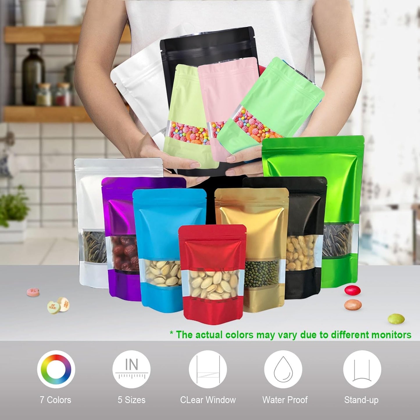 5.9"x8.6" 120pcs Mylar Bags for Food Storage,Smell Proof Bag with Matte Window Resealable Food Storage Bags for Small Business, Stand-up Foil Pouch Packaging Freeze Dried Candy Bag(Pink)