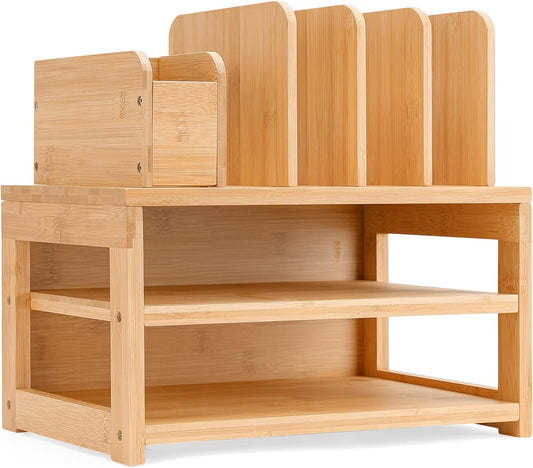 Homde Bamboo Desk Organizer with File Holder, Office Organization for Desks with Adjustable Pen Holding, Desktop Letter Paper Tray Storage for Workplace Home School (3-Tier,Natural)