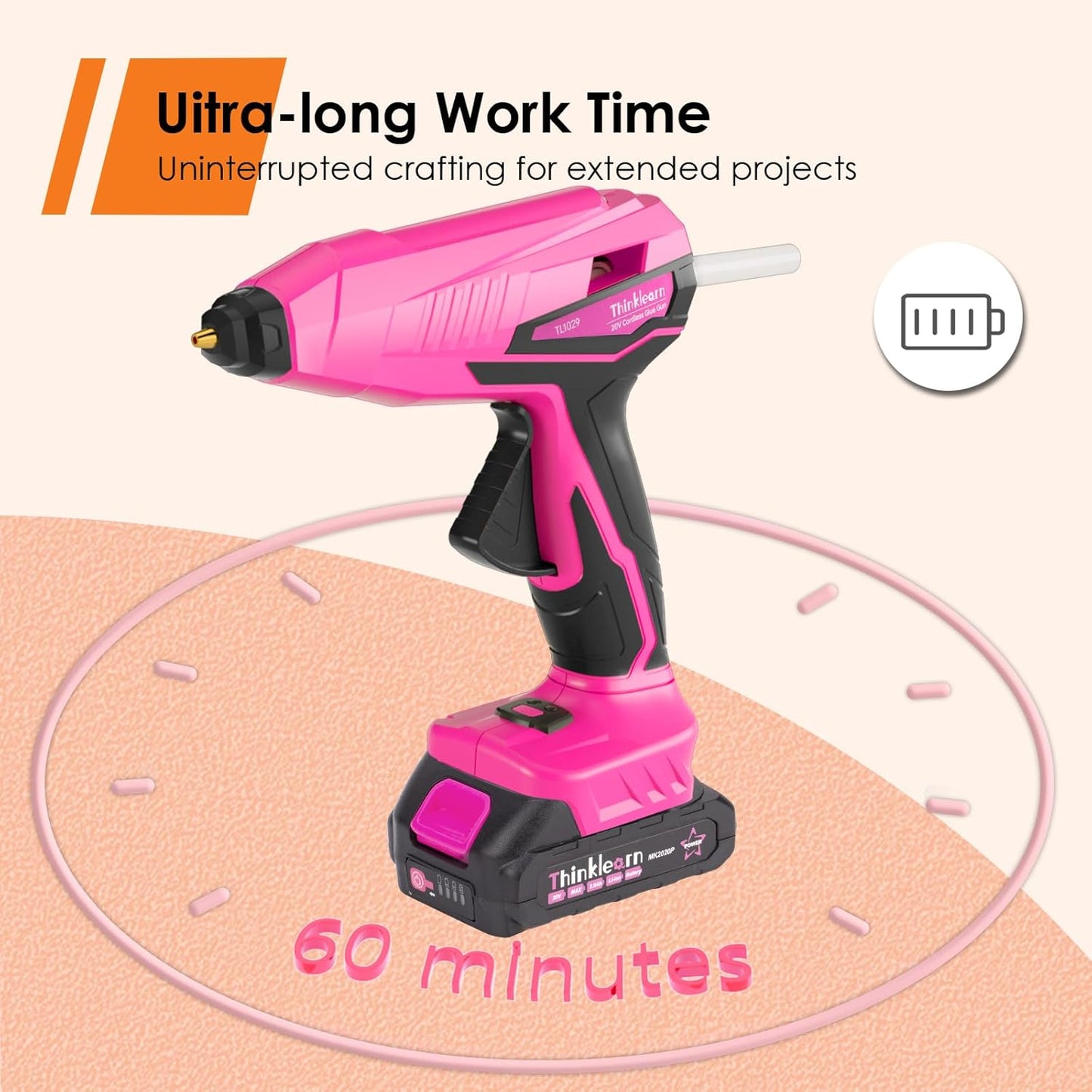 Cordless Hot Glue Gun - 20V Temp Adjust Hot Glue Gun with 43PCS Full Size Hot Glue Sticks, Pink Fast Heating Glue Gun and Sticks Set for DIY, Arts & Craft, Decorations, Gift for Women